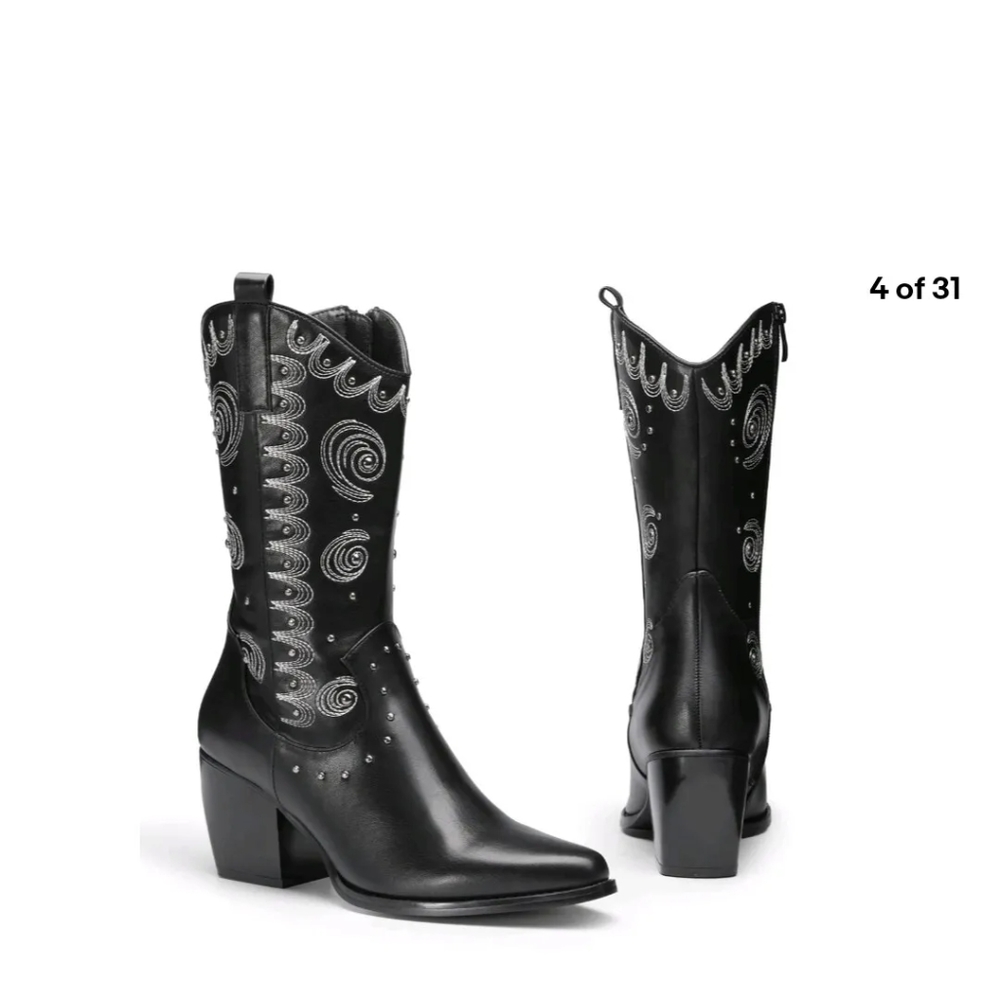 Women Cowboy Boots Cuban heel Pointed Toe Zip Up Pull On Mid Calf Boots 6.5
